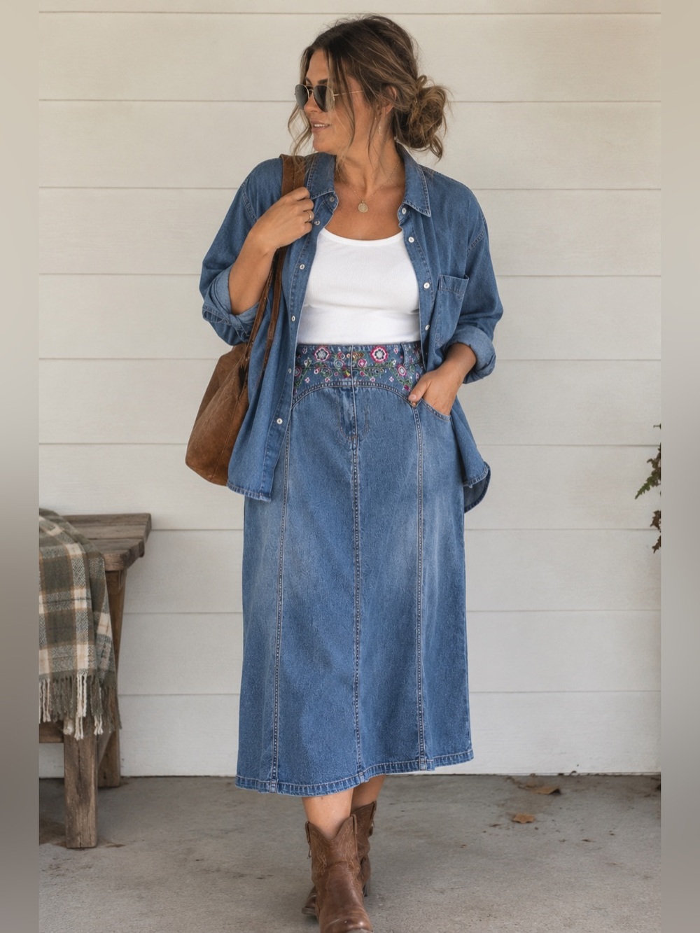 56.) Vintage / Denim Midi Skirt with Embroidered Waistband